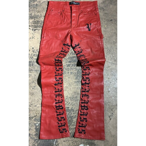 Valabasas Red Faux Leather Pants Size 32 Gothic Letter Streetwear Designer Stack - Picture 1 of 15